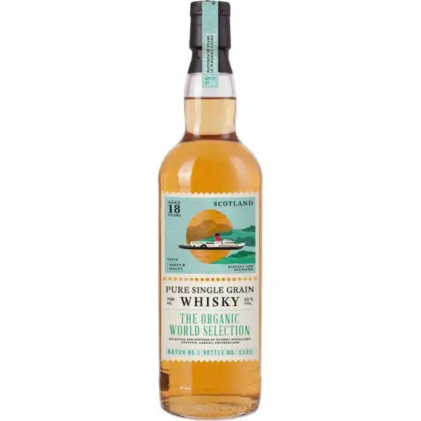 The Organic World Selection I 18YO Organic Scotch Single Grain Whisky fles.