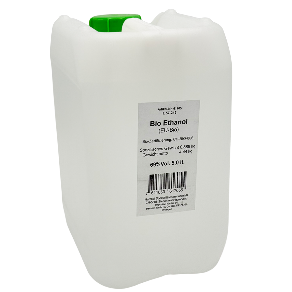 Vijf liter jerrycan met biologische pure alcohol (ethanol 69 %).