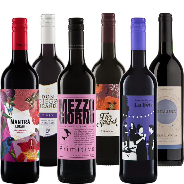 Wijnpakket Biologische Rode Wijn met zes flessen uit Frankrijk, Italië en Spanje