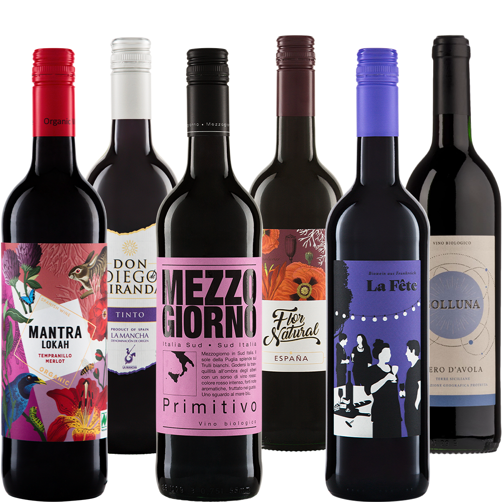 Wijnpakket Biologische Rode Wijn met zes flessen uit Frankrijk, Italië en Spanje