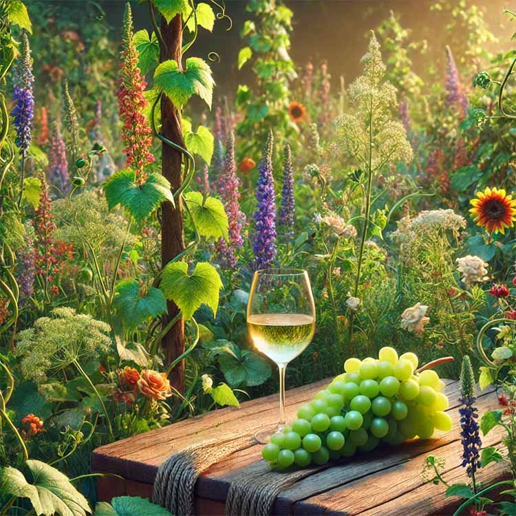 Biologische wijngaard met vrij groeiende wijnranken, kleurrijke wilde bloemen en groene planten. Op de voorgrond een houten tafel met een glas witte wijn en een tros druiven, in een zonovergoten, natuurlijke setting.