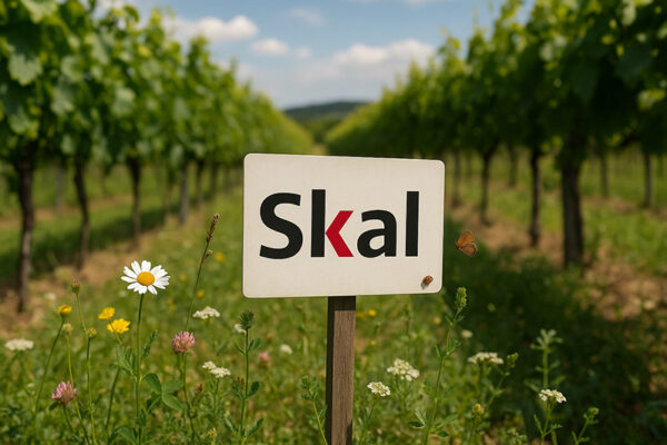 Skal keurmerk op bordje in een biologische wijngaard met bloemen en vlinders