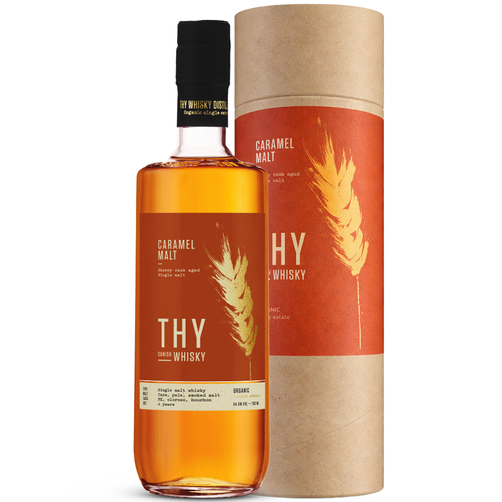 Thy Caramel Malt 4YO Single Malt biologische whisky Denemarken 70cl koker verpakking