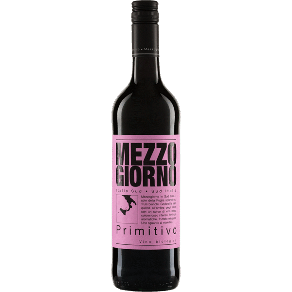 Fles Mezzogiorno Primitivo 2024 – Biologische rode wijn uit Puglia met zwarte bes en kruidigheid