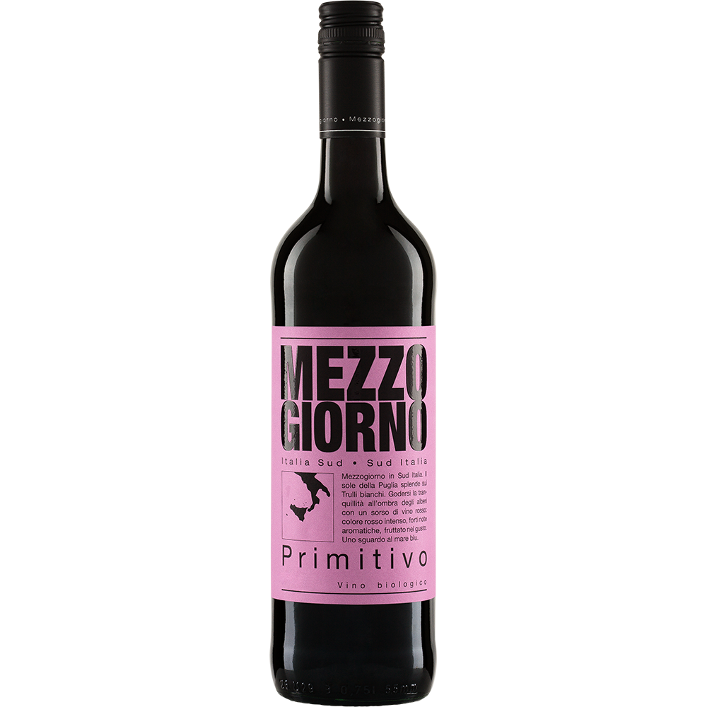 Fles Mezzogiorno Primitivo 2024 – Biologische rode wijn uit Puglia met zwarte bes en kruidigheid