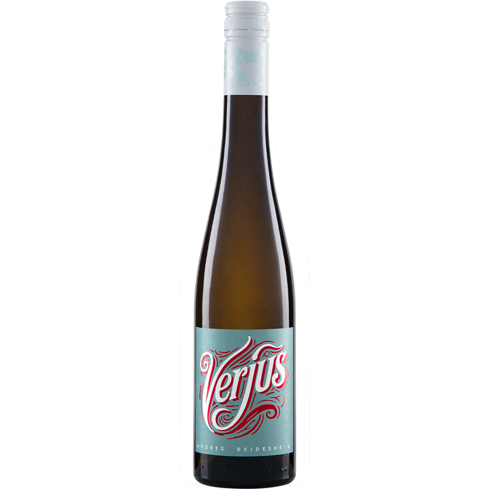 Fles Biologische Verjus Andres 2024 uit de Pfalz met heldere groene kleur en frisse uitstraling