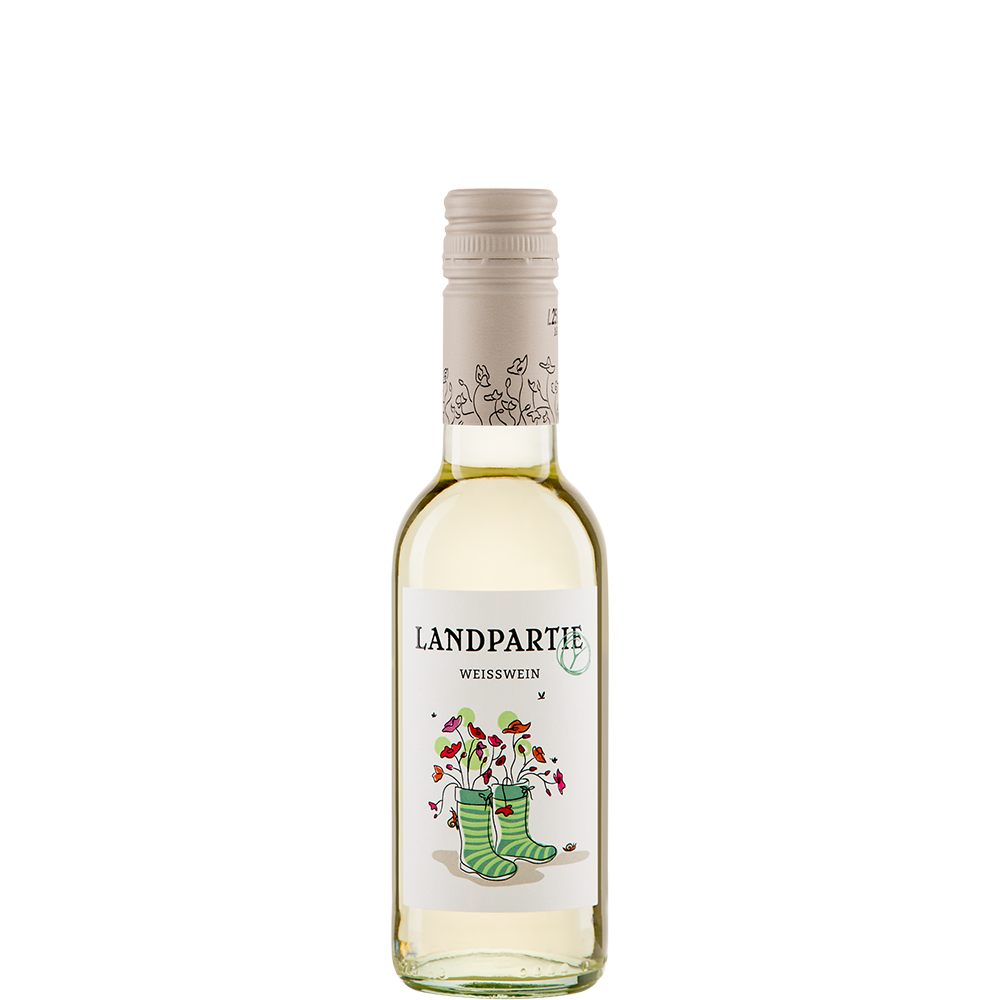 Landparty Wit 250ml biologische witte wijn in klein flesje uit Duitsland halbtrocken fris en fruitig