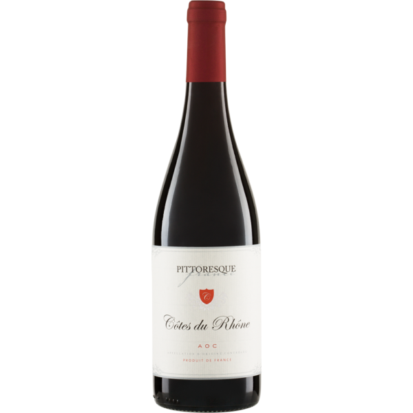 Fles Pittoresque Côtes du Rhône Rouge AOC 2024, biologische rode wijn uit Frankrijk