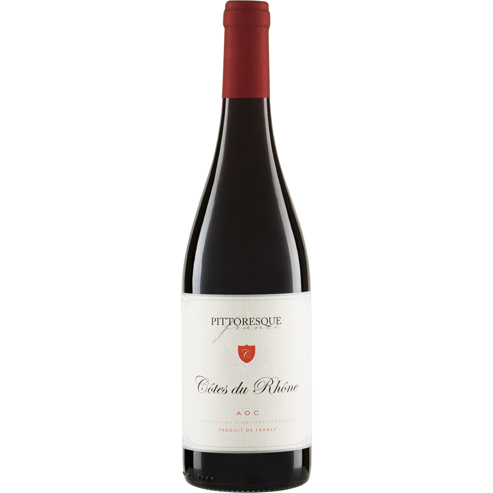 Fles Pittoresque Côtes du Rhône Rouge AOC 2024, biologische rode wijn uit Frankrijk