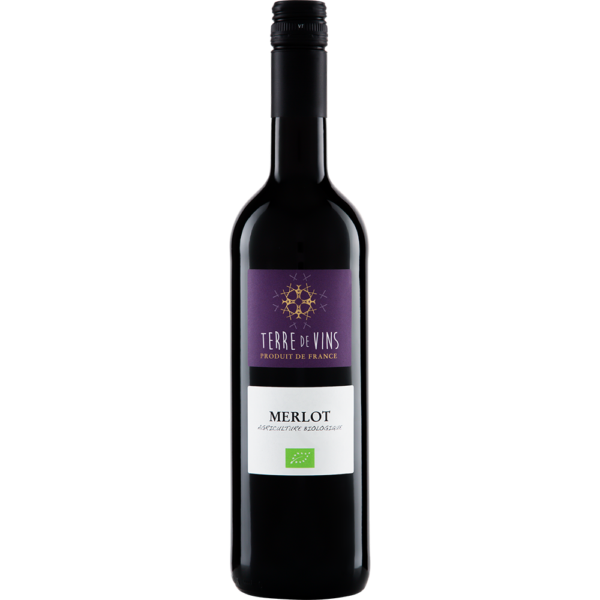 Fles Terre de Vins Merlot 2024, biologische rode wijn uit Frankrijk
