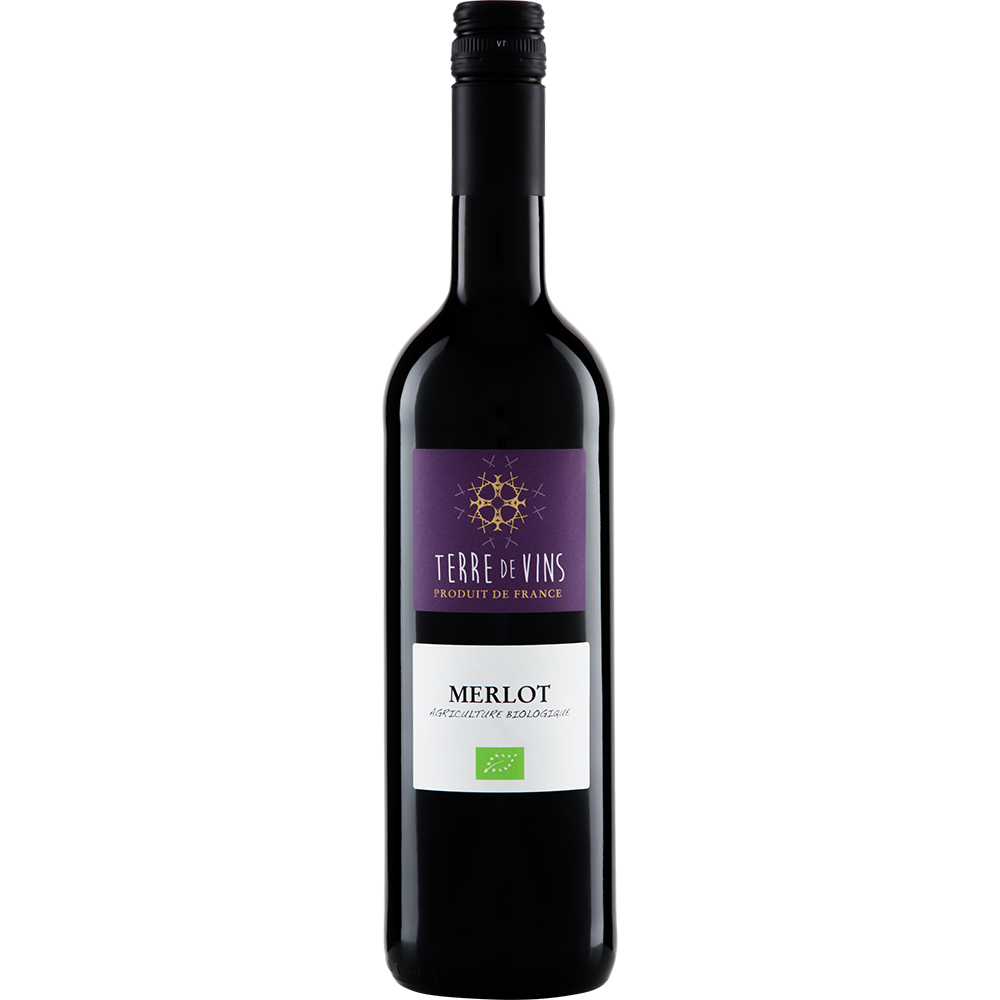 Fles Terre de Vins Merlot 2024, biologische rode wijn uit Frankrijk